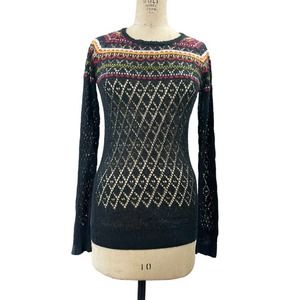 Coline Women's Sweater Top Black Fair Isle Open Knit Long Sleeve Small